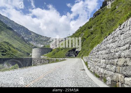Old historic St. Gotthard Pass road Tremola Gotthard Pass Alpine pass Mountain road with cobblestones, Airolo, Ticino, Ticino, Switzerland, Europe Stock Photo