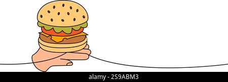 Burger hold on human hand one line colored continuous drawing. Traditional American fast food. Stock Vector