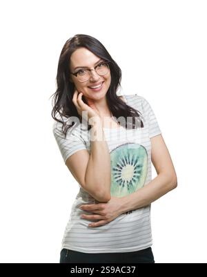 Portrait of a young, fashionable woman with glasses, against a white background Stock Photo