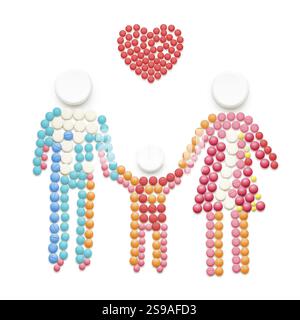 Creative health concept of drugs and pills, against white background family holding hands Stock Photo