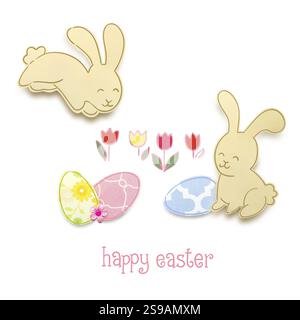 Creative Easter concept photo of two rabbits with paper eggs on a white background Stock Photo