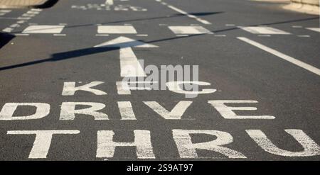 SOUTHEND-ON-SEA, ESSEX, UK - OCTOBER 25, 2017:  Sign in the road for a KFC drive Thru Stock Photo