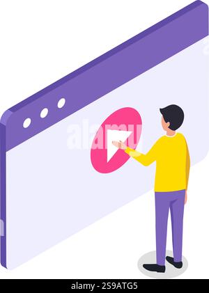 Isometric illustration depicting a man interacting with a play button on a website or app page, representing online video streaming and user experience design Stock Vector
