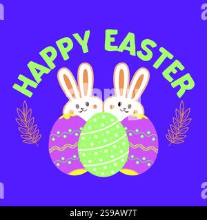 Happy Easter card with decorative eggs, cute bunnies vector illustration Stock Vector
