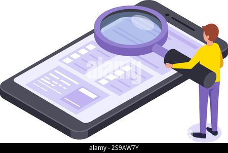 Isometric vector illustration representing a man holding a magnifying glass over a smartphone screen, searching or browsing information on mobile phone Stock Vector