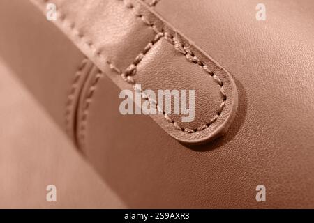 Leather bag in mocha mousse shade, closeup. Trendy color of 2025 year Stock Photo