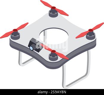 Illustration of a square shaped drone featuring red propellers and a central camera. The drone has a unique design with a circular cutout and sturdy landing gear Stock Vector