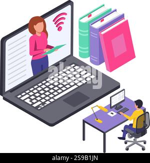 Isometric illustration representing a student attending an online lesson using a laptop and a desktop computer, with a teacher explaining and some boo Stock Vector
