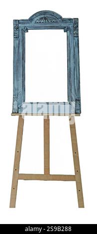 Old blank wooden easel stand isolated on white background Stock Photo