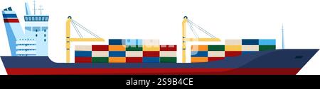 Illustration of a large cargo ship carrying stacked containers across the ocean. The vessel features cranes and a streamlined design, symbolizing glob Stock Vector