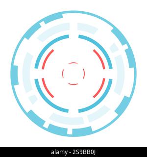 Circular futuristic heads up display element spinning and loading, composed by blue and red concentric circles, isolated on white background Stock Vector