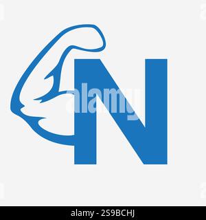 Initial Monogram Letter N Strong Logo Concept With Bicep Muscle Arm Symbol For Gym and Fitness Logotype Stock Vector