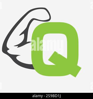 Initial Monogram Letter Q Strong Logo Concept With Bicep Muscle Arm Symbol For Gym and Fitness Logotype Stock Vector