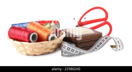Many different sewing supplies isolated on white Stock Photo