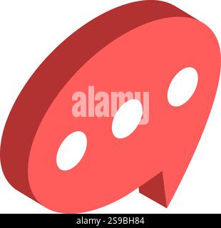 Red speech bubble with three dots is sending a message, representing ongoing communication or typing in a chat application, with an isometric perspective Stock Vector