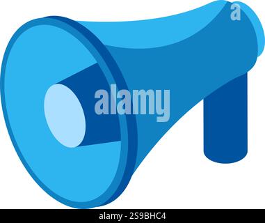 Isometric blue megaphone broadcasting announcements, spreading news and information while emphasizing communication and marketing concepts in a modern vector illustration Stock Vector