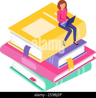 Online education concept featuring a student working on her laptop while sitting atop a stack of colorful books, showcasing a modern approach to learning and knowledge acquisition Stock Vector