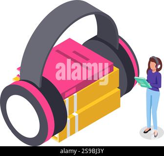 Isometric vector illustration representing online education with a student listening to an audiobook with headphones and holding a book while learning new concepts Stock Vector