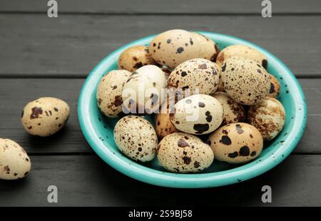 Quail eggs in blue bowl on black wooden background. Top view Stock Photo