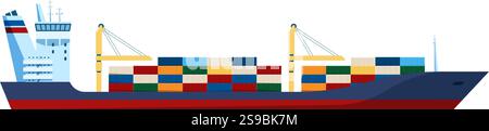 Large cargo ship carrying colorful containers is sailing on the sea, ensuring efficient and timely delivery of goods across international waters Stock Vector