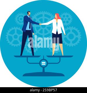 Two businesspeople shaking hands on a balanced scale symbolize equality and cooperation in a partnership, with gears in the background representing a complex mechanism Stock Vector