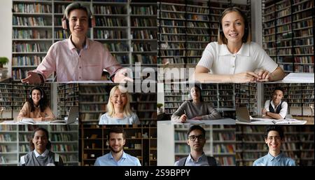 Multiple videos collage, diverse students take part in videoconference Stock Photo