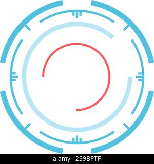 Modern, futuristic head up display - HUD - element featuring concentric circles in blue and red, creating a technological and abstract design on a white background Stock Vector