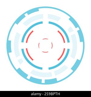 Circular futuristic heads up display element spinning and loading, composed by blue and red concentric circles, isolated on white background Stock Vector