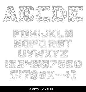 Font, alphabet with geometric shapes, hexagon, circle. Isolated vector objects on white background. Stock Vector