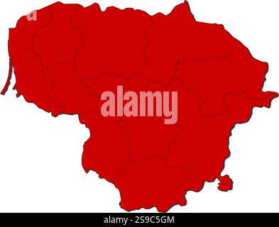 Map of Lithuania with the provinces, colored in red. Stock Vector