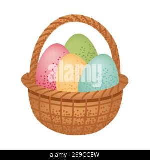 Basket with Colorful Easter Eggs. Wicker basket filled with colorful speckled Easter eggs isolated on white background. Holiday Easter food illustrati Stock Vector