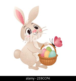 Cute Easter Bunny Holding Basket of Eggs. Easter bunny holding a wicker basket filled with colorful speckled eggs and a pink butterfly isolated on whi Stock Vector