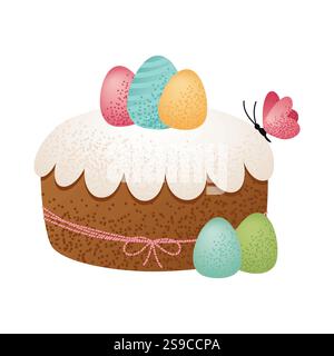 Easter Cake with Speckled Eggs. Holiday Easter dessert with icing, decorated with colorful eggs and a pink butterfly isolated on white background. For Stock Vector