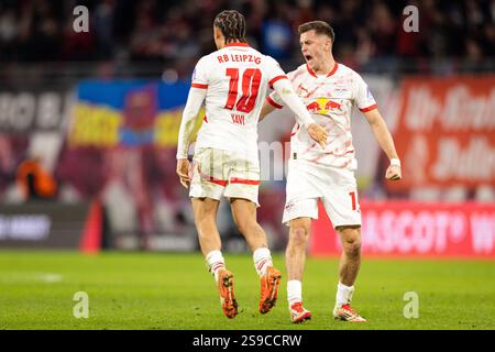 Christoph Baumgartner of RB Leipzig Xavi Simons of RB Leipzig compete