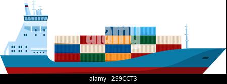 Large container ship carrying colorful cargo containers is sailing on the sea, transporting goods across the ocean in a globalized trade and logistics network Stock Vector