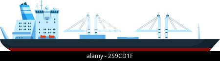 Container ship sailing on white background, equipped with cranes for loading and unloading goods, ideal for maritime transport and international trade concepts Stock Vector
