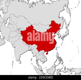 Map of China and nearby countries, China is highlighted in red. Stock Vector