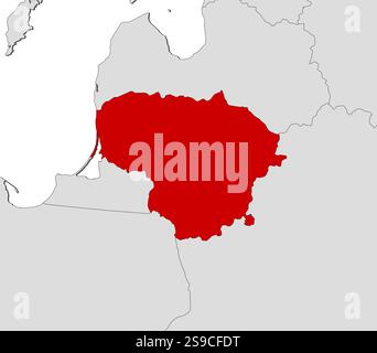 Map of Lithuania and nearby countries, Lithuania is highlighted in red. Stock Vector