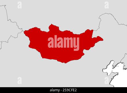 Map of Mongolia and nearby countries, Mongolia is highlighted in red. Stock Vector