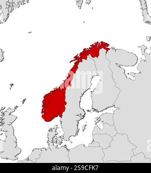 Map of Norway and nearby countries, Norway is highlighted in red. Stock Vector