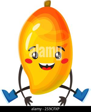 Cartoon illustration of a happy mango character sitting with its legs apart, wearing blue boots and smiling, conveying joy and positive emotions Stock Vector