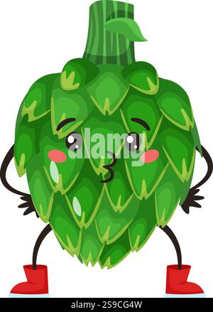 Cartoon artichoke character blowing a kiss, wearing red boots, isolated on a white background, ideal for healthy food and vegan lifestyle projects Stock Vector
