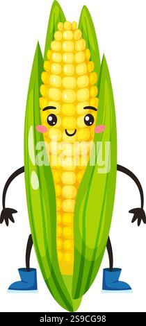 Cartoon corn on the cob with green leaves wearing blue boots, standing and smiling happily, isolated on a white background, ideal for healthy eating and vegan and vegetarian lifestyles Stock Vector