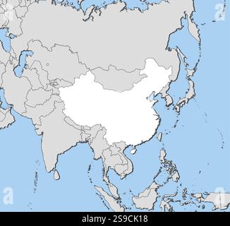 Map of China and nearby countries, China is highlighted in white. Stock Vector