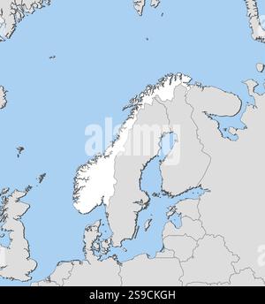 Map of Norway and nearby countries, Norway is highlighted in white. Stock Vector