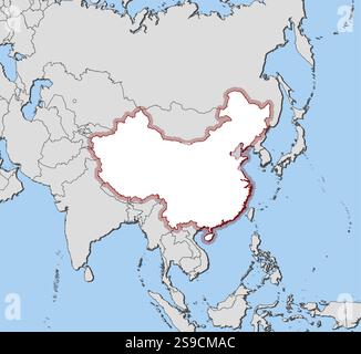 Map of China and nearby countries, China is highlighted by a hatching. Stock Vector