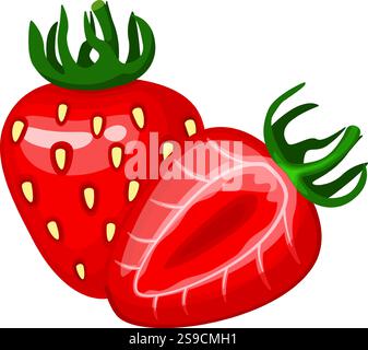 Two ripe strawberries, one sliced in half revealing its juicy red interior, combined with vibrant green leaves, create a delicious and healthy treat perfect for any occasion Stock Vector