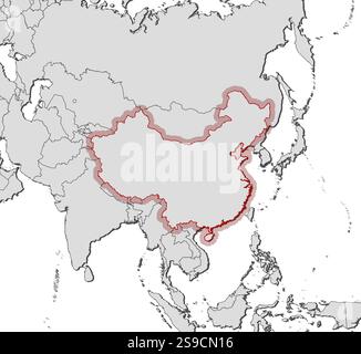 Map of China and nearby countries, China is highlighted by a hatching. Stock Vector