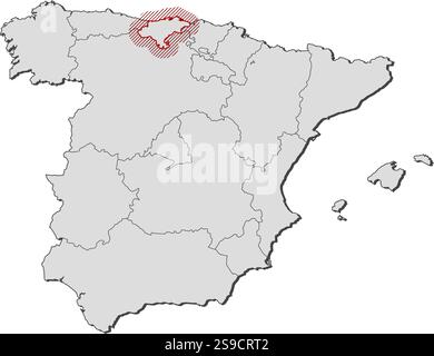 Map of Spain with the provinces, Cantabria is highlighted by a hatching. Stock Vector