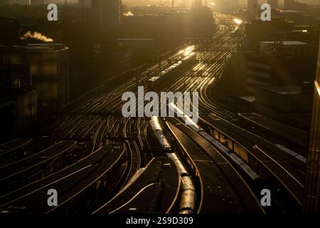 London Bridge station during sunrise - seen from The Shard. Stock Photo